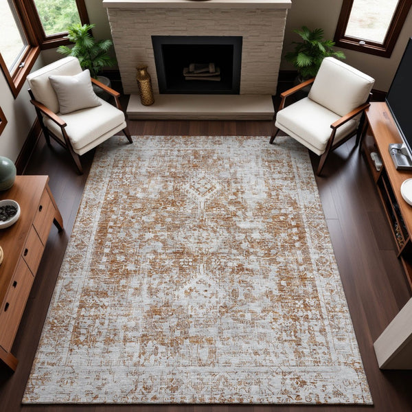 HomeRoots 9' X 12' Terra Cotta & Silver Oriental Area Rug - Washable, UV-Protected, Durable for Any Space! 692021