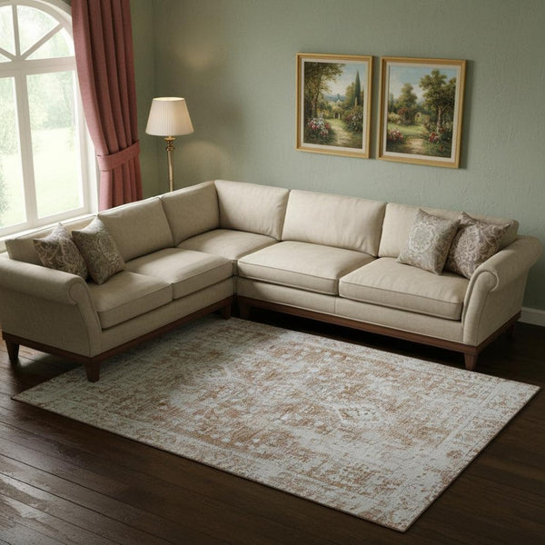 HomeRoots 10' X 14' Elegant Terra Cotta & Silver Oriental Washable Area Rug with UV Protection & Durability 692022
