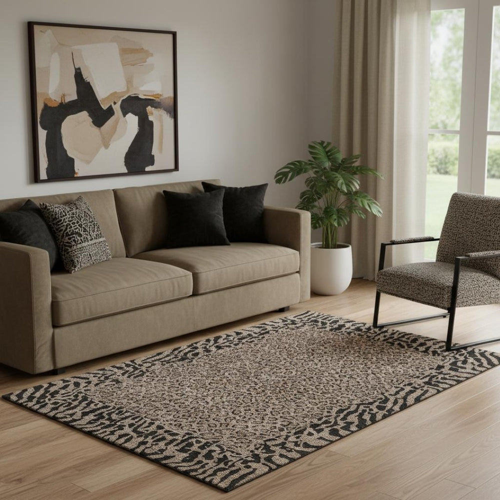 HomeRoots 5' X 8' Stylish Brown and Black Animal Print Area Rug – Washable, Durable, and UV Protected! 692024