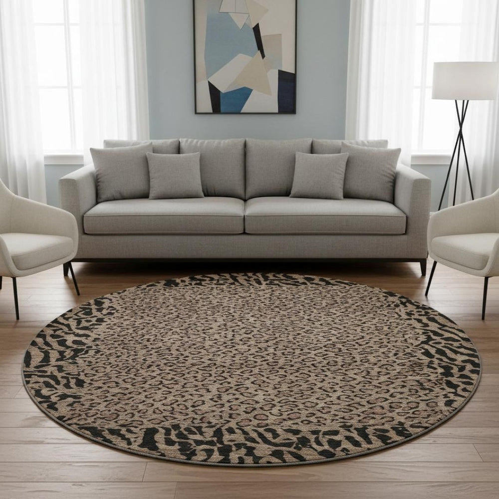 HomeRoots 8' X 8' Modern Brown and Black Animal Print Washable Round Rug with UV Protection for Easy Care 692025