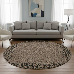 HomeRoots 8' X 8' Modern Brown and Black Animal Print Washable Round Rug with UV Protection for Easy Care 692025