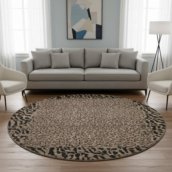 HomeRoots 8' X 8' Modern Brown and Black Animal Print Washable Round Rug with UV Protection for Easy Care 692025