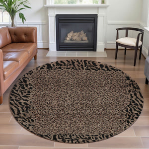 HomeRoots 8' X 8' Modern Brown and Black Animal Print Washable Round Rug with UV Protection for Easy Care 692025