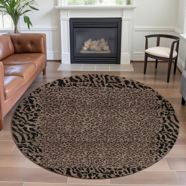 HomeRoots 8' X 8' Modern Brown and Black Animal Print Washable Round Rug with UV Protection for Easy Care 692025