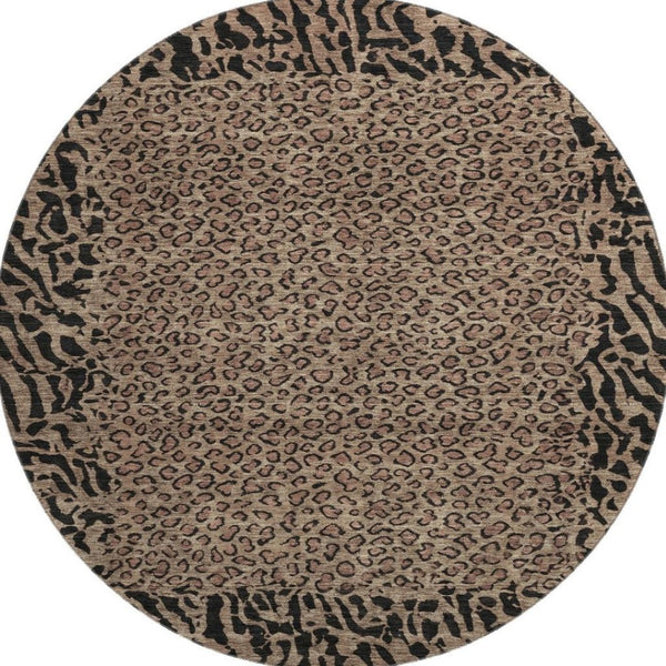 HomeRoots 8' X 8' Modern Brown and Black Animal Print Washable Round Rug with UV Protection for Easy Care 692025