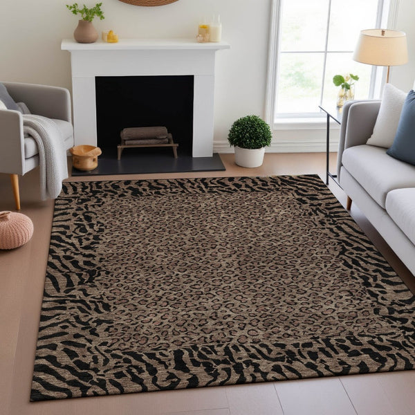HomeRoots 10' Animal Print Washable Area Rug - Brown & Black, UV-Protected, Durable & Easy-Care for Homes 692028