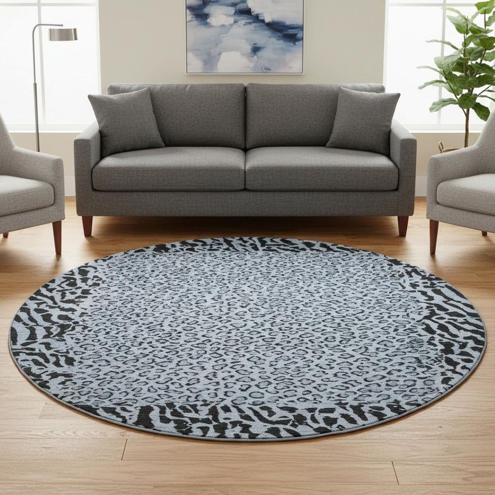 HomeRoots 8' X 8' Stylish Blue & Black Animal Print Washable Round Rug with UV Protection, Perfect for Any Room! 692031