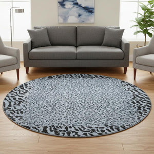 HomeRoots 8' X 8' Stylish Blue & Black Animal Print Washable Round Rug with UV Protection, Perfect for Any Room! 692031