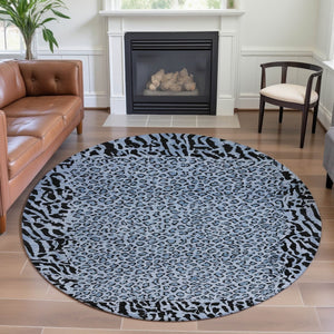 HomeRoots 8' X 8' Stylish Blue & Black Animal Print Washable Round Rug with UV Protection, Perfect for Any Room! 692031