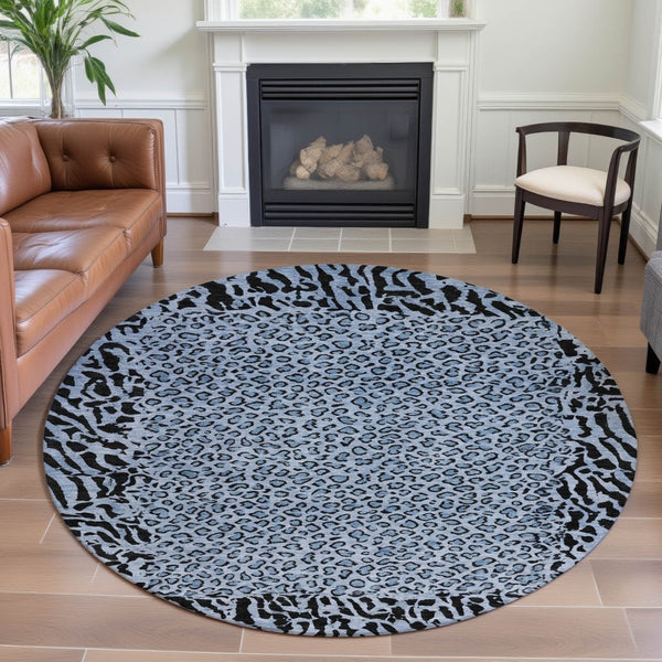 HomeRoots 8' X 8' Stylish Blue & Black Animal Print Washable Round Rug with UV Protection, Perfect for Any Room! 692031