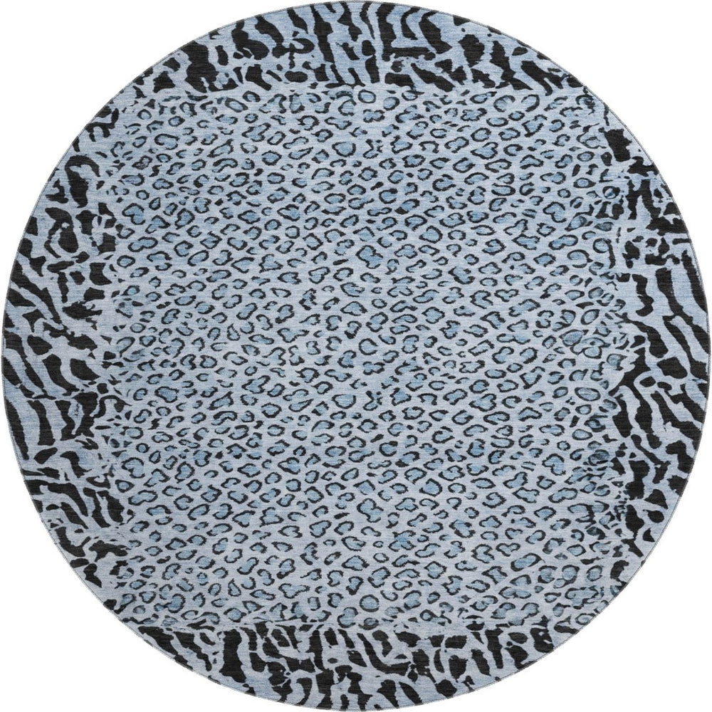 HomeRoots 8' X 8' Stylish Blue & Black Animal Print Washable Round Rug with UV Protection, Perfect for Any Room! 692031