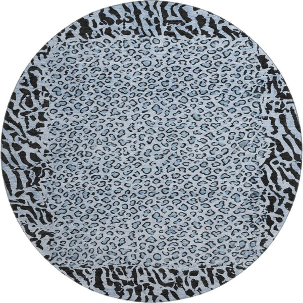HomeRoots 8' X 8' Stylish Blue & Black Animal Print Washable Round Rug with UV Protection, Perfect for Any Room! 692031