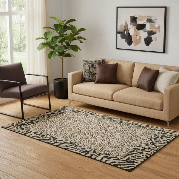 HomeRoots 5' X 8' Gold and Black Animal Print Area Rug – Washable, UV-Protected, Stylish & Durable for Homes 692036