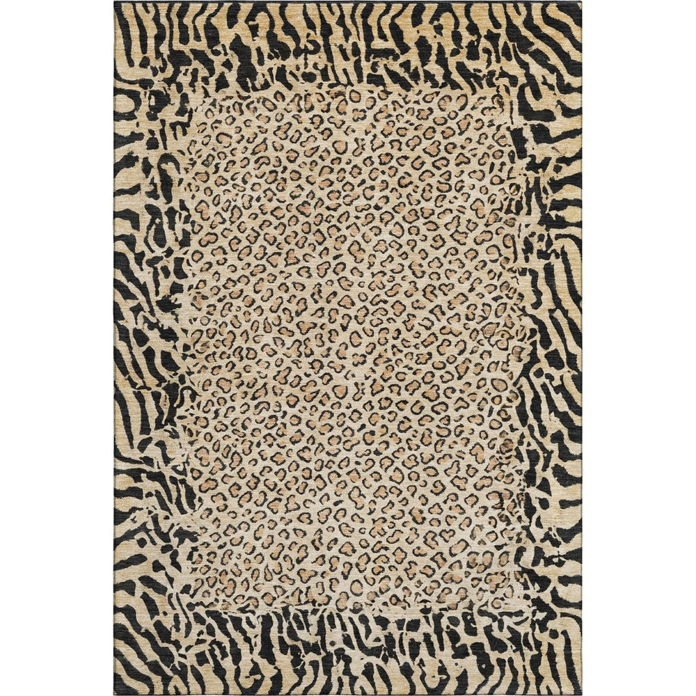 HomeRoots 5' X 8' Gold and Black Animal Print Area Rug – Washable, UV-Protected, Stylish & Durable for Homes 692036