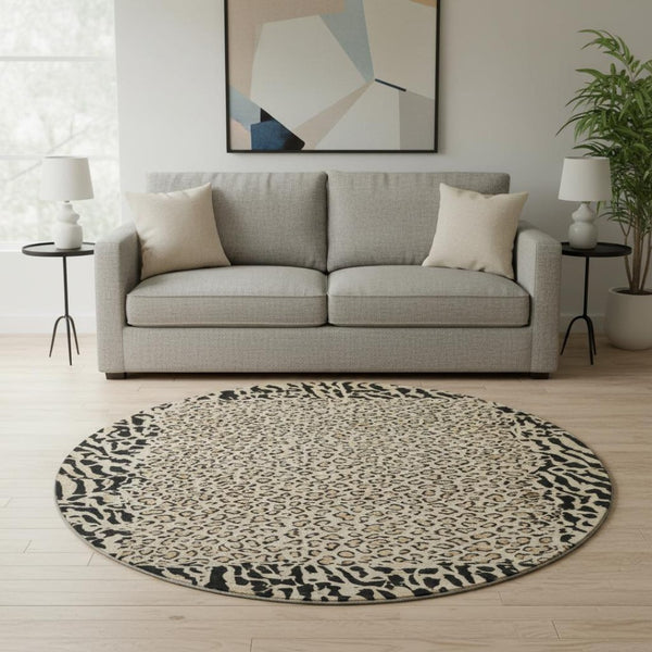 HomeRoots 8' X 8' Gold & Black Animal Print Round Rug - Stylish, Washable, UV-Protected for Homes & Patios 692037