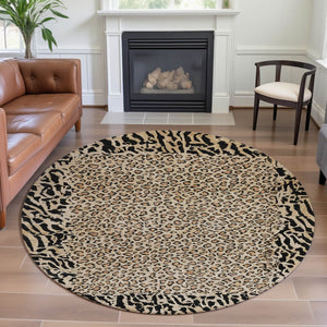 HomeRoots 8' X 8' Gold & Black Animal Print Round Rug - Stylish, Washable, UV-Protected for Homes & Patios 692037