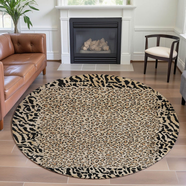 HomeRoots 8' X 8' Gold & Black Animal Print Round Rug - Stylish, Washable, UV-Protected for Homes & Patios 692037