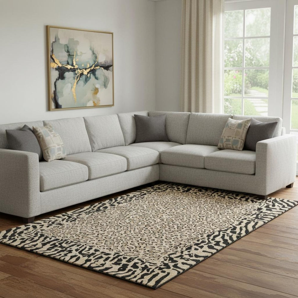 HomeRoots 8' Gold and Black Animal Print Area Rug - Washable, UV-Protected, Stylish, and Kid-Friendly Design 692038