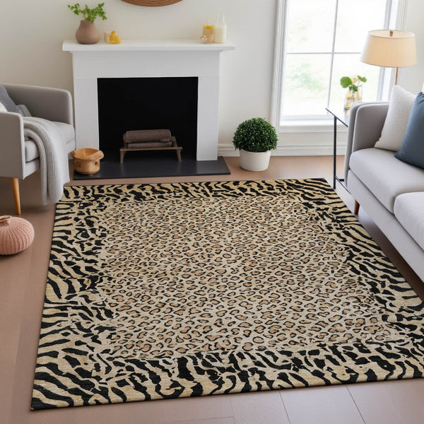 HomeRoots 10' X 14' Gold & Black Animal Print Washable Area Rug - UV Protected, Stain Resistant, Durable Design 692040