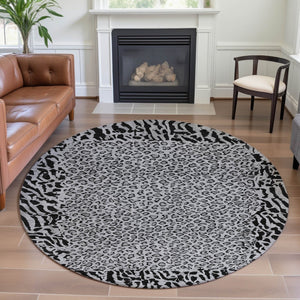 HomeRoots 8' X 8' Gray and Black Animal Print Round Rug - Washable, UV Protected, Soft, and Non-Slip Design 692043