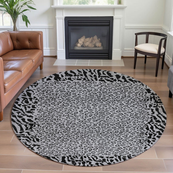 HomeRoots 8' X 8' Gray and Black Animal Print Round Rug - Washable, UV Protected, Soft, and Non-Slip Design 692043