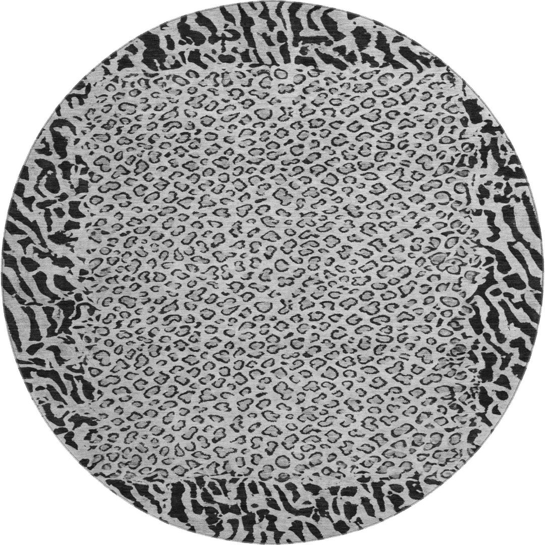 8' X 8' Gray and Black Animal Print Round Rug - Washable, UV Protected