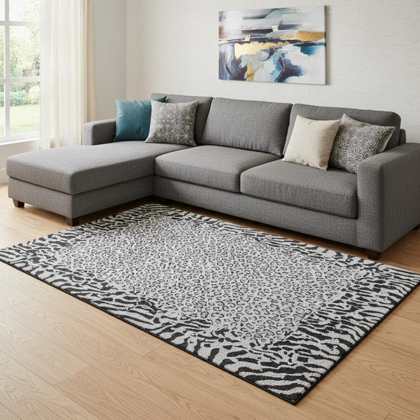 HomeRoots 8' Gray And Black Animal Print Washable Area Rug – Durable, Stain-Resistant, UV Protected Design! 692044