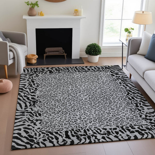 HomeRoots 9' X 12' Gray and Black Animal Print Washable Area Rug - Durable, UV-Protected, Easy-Clean Style! 692045