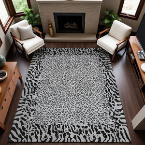 HomeRoots 9' X 12' Gray and Black Animal Print Washable Area Rug - Durable, UV-Protected, Easy-Clean Style! 692045