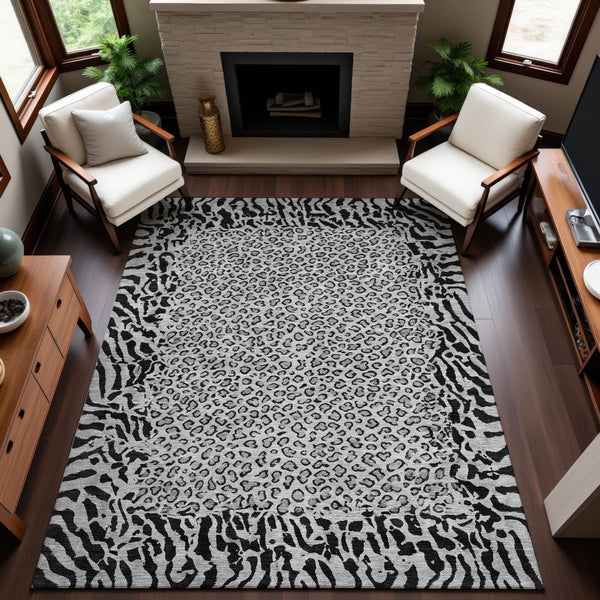 HomeRoots 9' X 12' Gray and Black Animal Print Washable Area Rug - Durable, UV-Protected, Easy-Clean Style! 692045