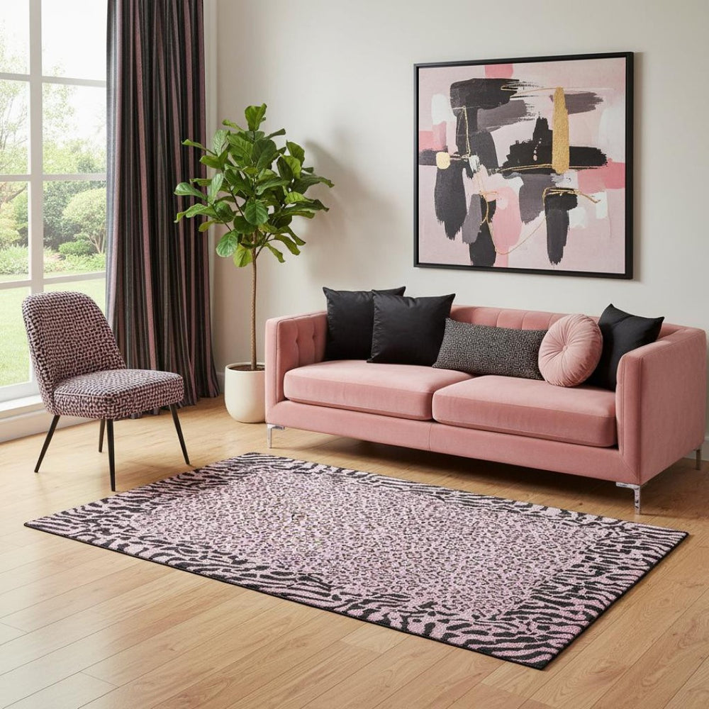 HomeRoots 5' X 8' Pink and Black Animal Print Washable Area Rug - Stylish, Durable, UV-Protected, Perfect for Homes 692048