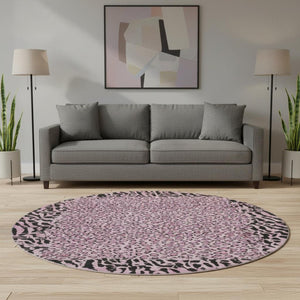HomeRoots 8' Pink and Black Animal Print Round Washable Rug - UV Protected, Stylish, Durable for Kids & Pets 692049