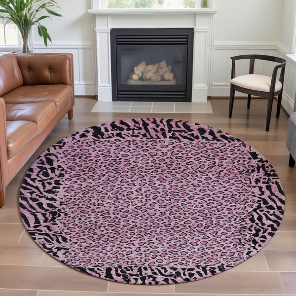 HomeRoots 8' Pink and Black Animal Print Round Washable Rug - UV Protected, Stylish, Durable for Kids & Pets 692049