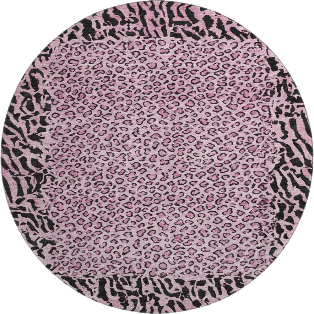 HomeRoots 8' Pink and Black Animal Print Round Washable Rug - UV Protected, Stylish, Durable for Kids & Pets 692049