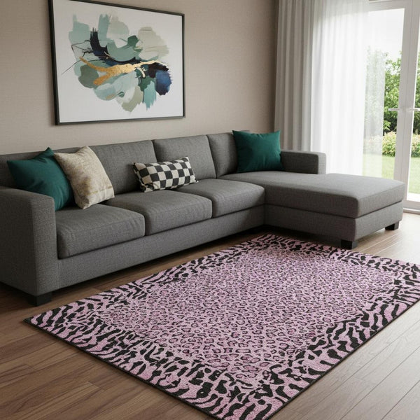 HomeRoots 8' Stylish Pink and Black Animal Print Washable Area Rug - Durable, UV-Protected, Easy-Care Design 692050