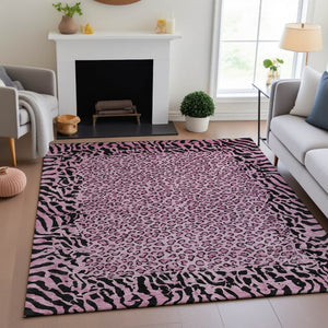 HomeRoots 8' Stylish Pink and Black Animal Print Washable Area Rug - Durable, UV-Protected, Easy-Care Design 692050