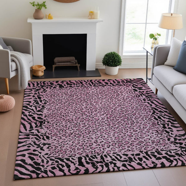 HomeRoots 8' Stylish Pink and Black Animal Print Washable Area Rug - Durable, UV-Protected, Easy-Care Design 692050