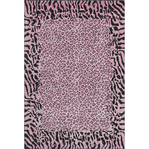 HomeRoots 8' Stylish Pink and Black Animal Print Washable Area Rug - Durable, UV-Protected, Easy-Care Design 692050