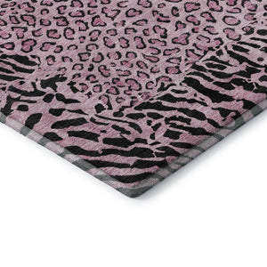 HomeRoots 8' Stylish Pink and Black Animal Print Washable Area Rug - Durable, UV-Protected, Easy-Care Design 692050