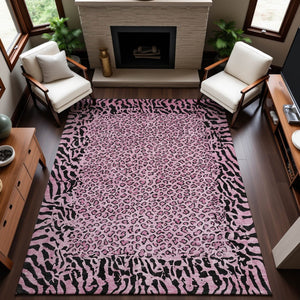 HomeRoots 8' Stylish Pink and Black Animal Print Washable Area Rug - Durable, UV-Protected, Easy-Care Design 692050