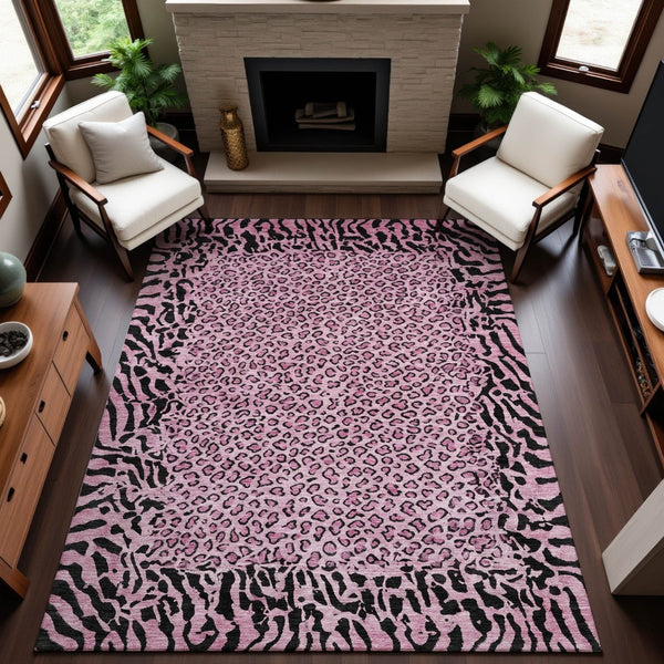 HomeRoots 8' Stylish Pink and Black Animal Print Washable Area Rug - Durable, UV-Protected, Easy-Care Design 692050