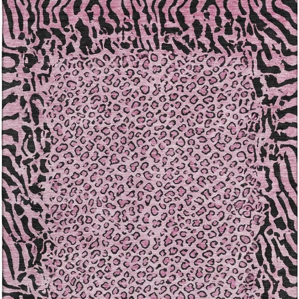 HomeRoots 8' Stylish Pink and Black Animal Print Washable Area Rug - Durable, UV-Protected, Easy-Care Design 692050