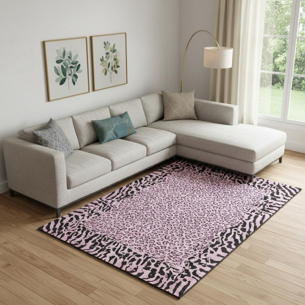 HomeRoots 9' X 12' Pink and Black Animal Print Area Rug – Stylish, Washable, UV Protected for Everyday Living 692051