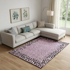 HomeRoots 9' X 12' Pink and Black Animal Print Area Rug – Stylish, Washable, UV Protected for Everyday Living 692051