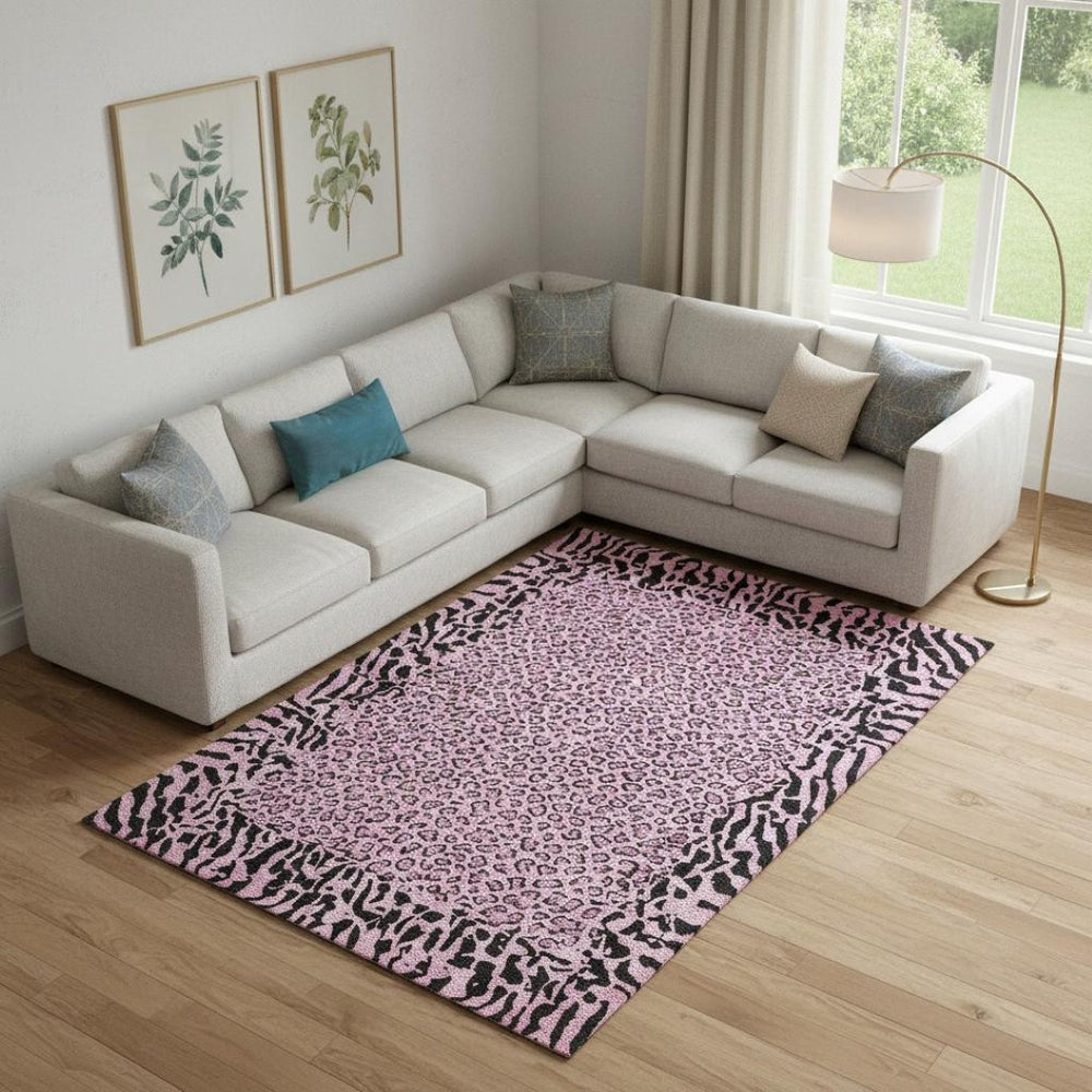 HomeRoots 10' X 14' Pink and Black Animal Print Washable Area Rug with UV Protection for Stylish Spaces 692052