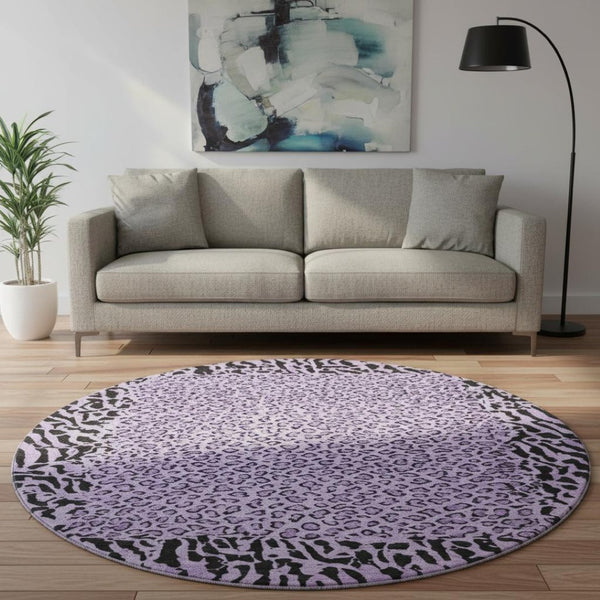 HomeRoots 8' X 8' Stylish Purple and Black Animal Print Washable Round Rug with UV Protection for High-Traffic Areas 692055