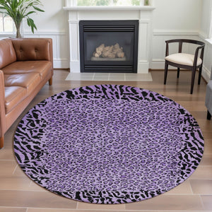 HomeRoots 8' X 8' Stylish Purple and Black Animal Print Washable Round Rug with UV Protection for High-Traffic Areas 692055