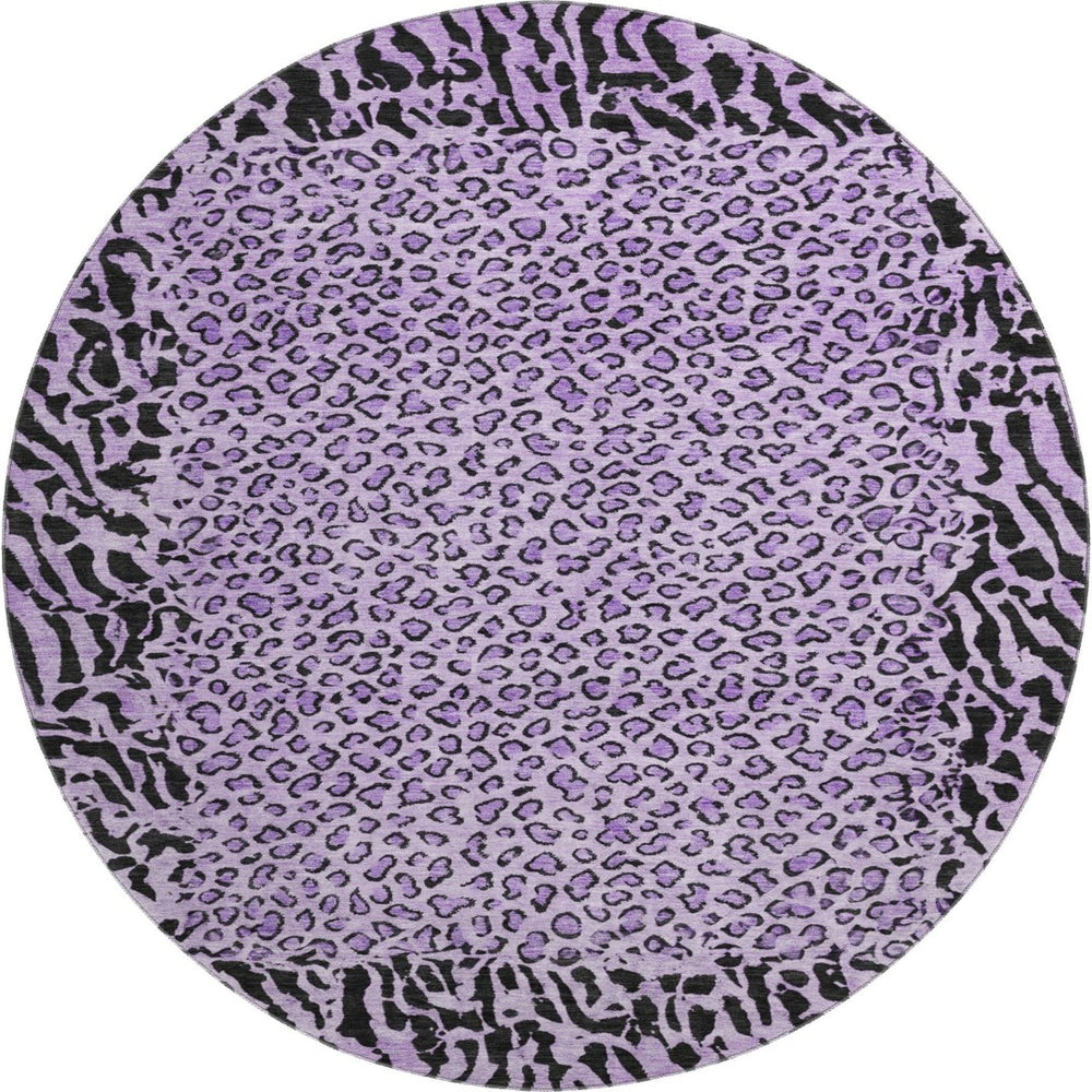 HomeRoots 8' X 8' Stylish Purple and Black Animal Print Washable Round Rug with UV Protection for High-Traffic Areas 692055
