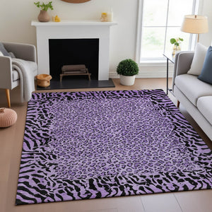 HomeRoots 8' Purple and Black Animal Print Area Rug - Washable, UV Protected, Durable for High-Traffic Spaces 692056