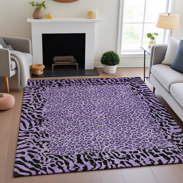 HomeRoots 8' Purple and Black Animal Print Area Rug - Washable, UV Protected, Durable for High-Traffic Spaces 692056